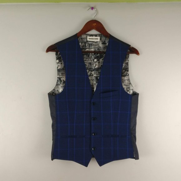 Dress Vest, Blue/Black Checkered Vest, Formal Shirt Vest 36R - Picture 2 of 14